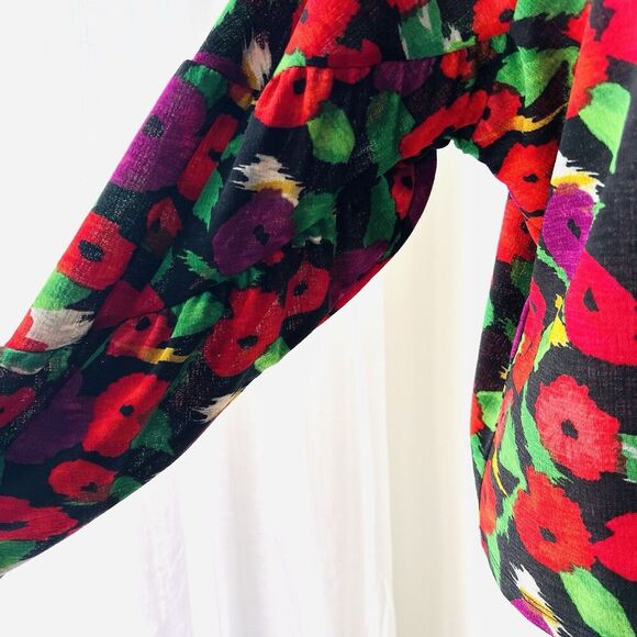 Zara Black Red & Purple Floral Designed Mock Neck Blouse Made in Turkey Sz Small - Picture 4 of 8